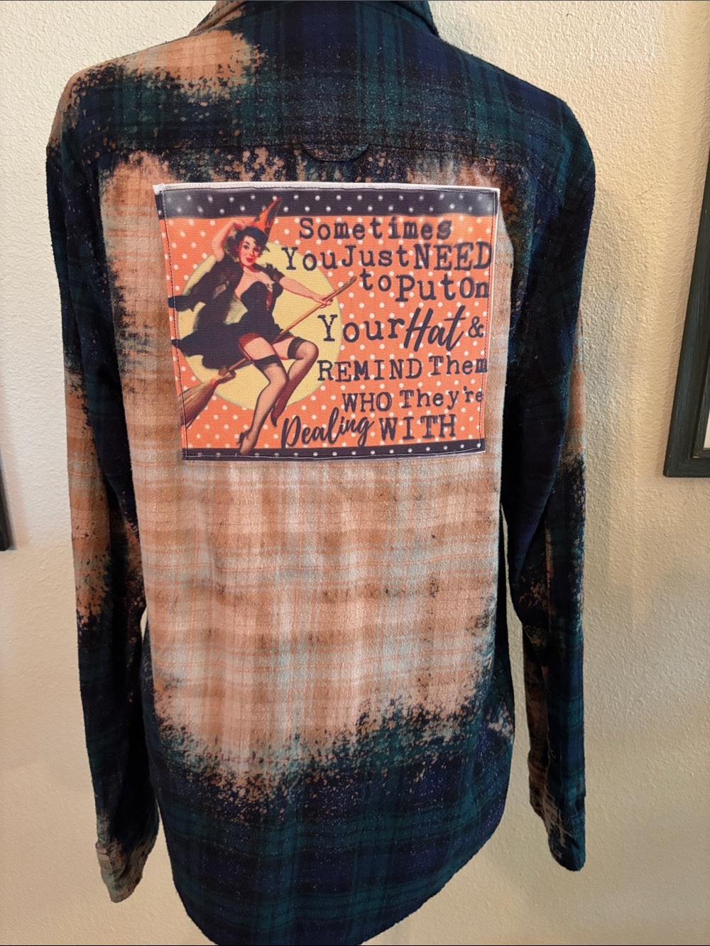 Plaid Button-Down Shirt with Retro Pin-Up Witch Back Patch